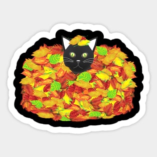 Black and White Tuxedo Cat Playing in a Pile of Fallen Autumn Leaves (Black Background) Sticker